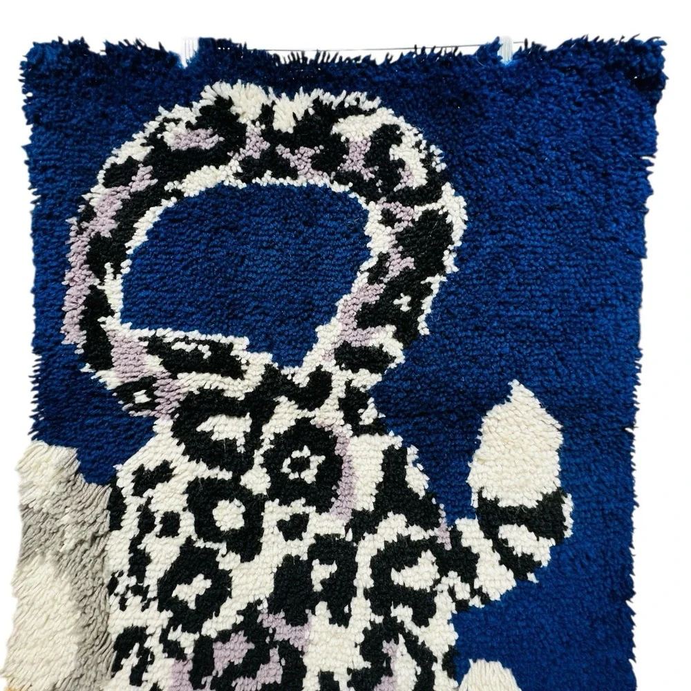 Retro Snow Leopard Latch Hook Wall Hanging Shag Rug Pop Art MCM 70s Maximalist